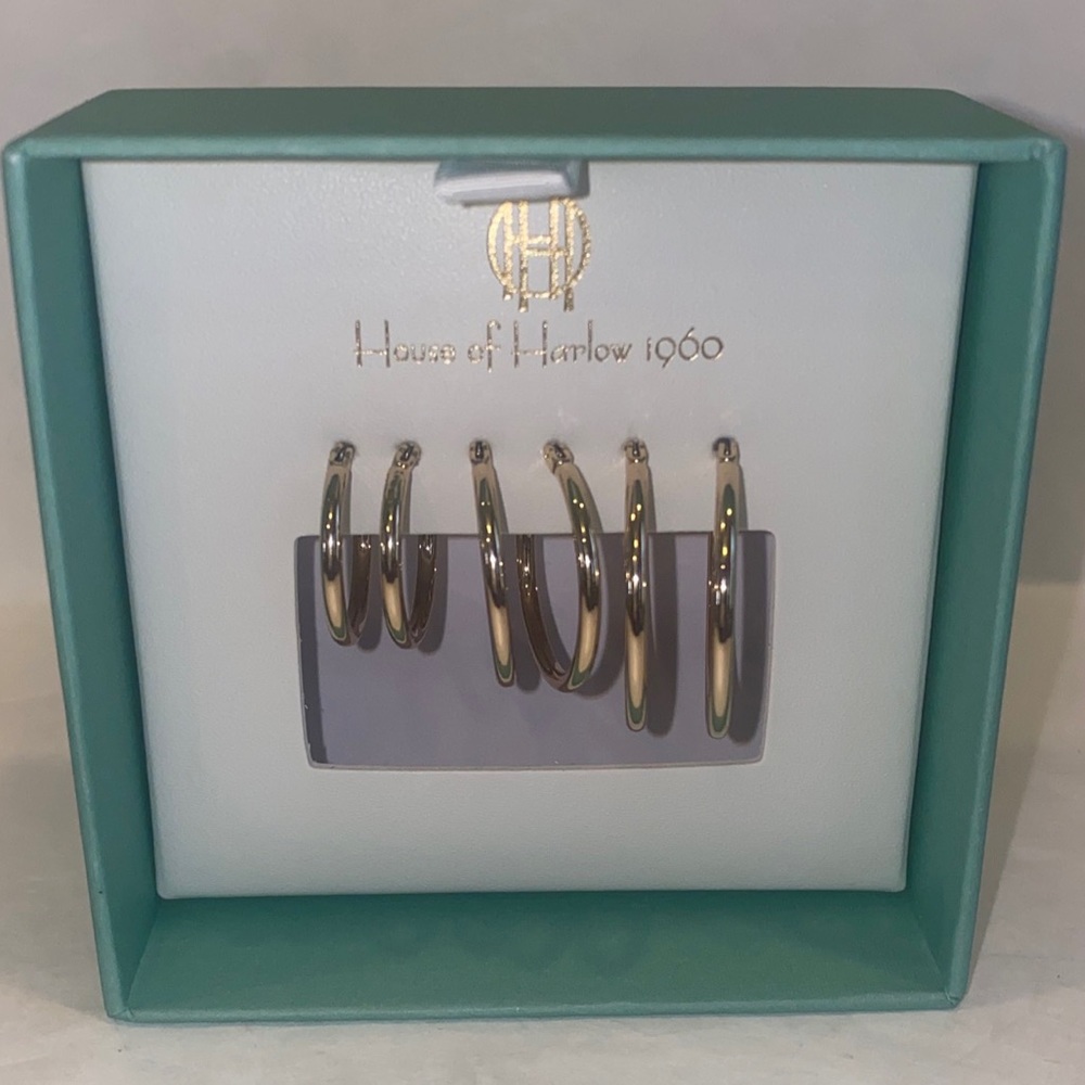 HOUSE OF HARLOW 1960 3p Large Set Gold Tone Hoop Snap Closure Earrings NIB